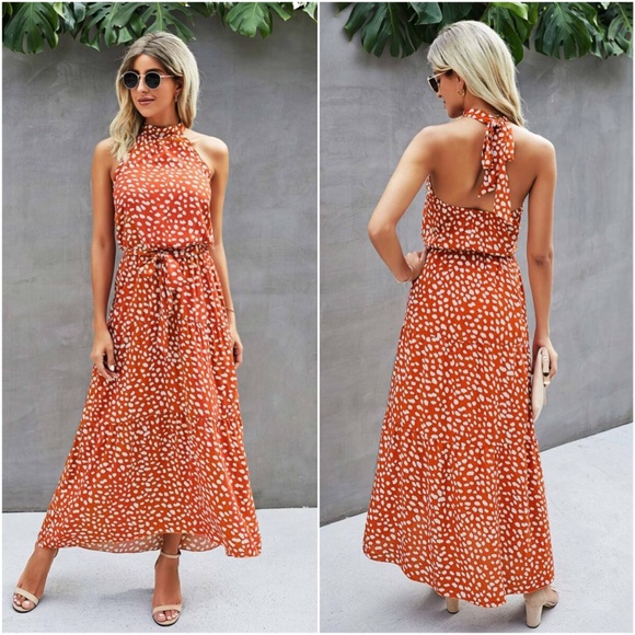 Bellanblue Dresses & Skirts - Orange belted dalmatian dot halter maxi dress